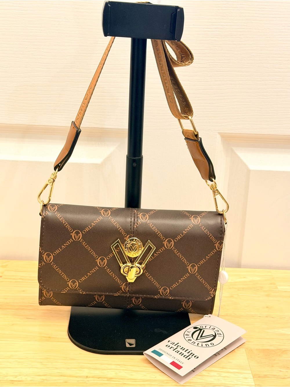 NWT Valentino Orlandi V-3002 Brown Monogram Crossbody Wallet $159
